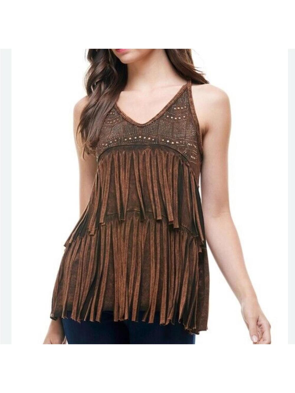 T PARTY Fringe Rhinestone Sleeveless Tank MADE IN USA Embellished Brown - M